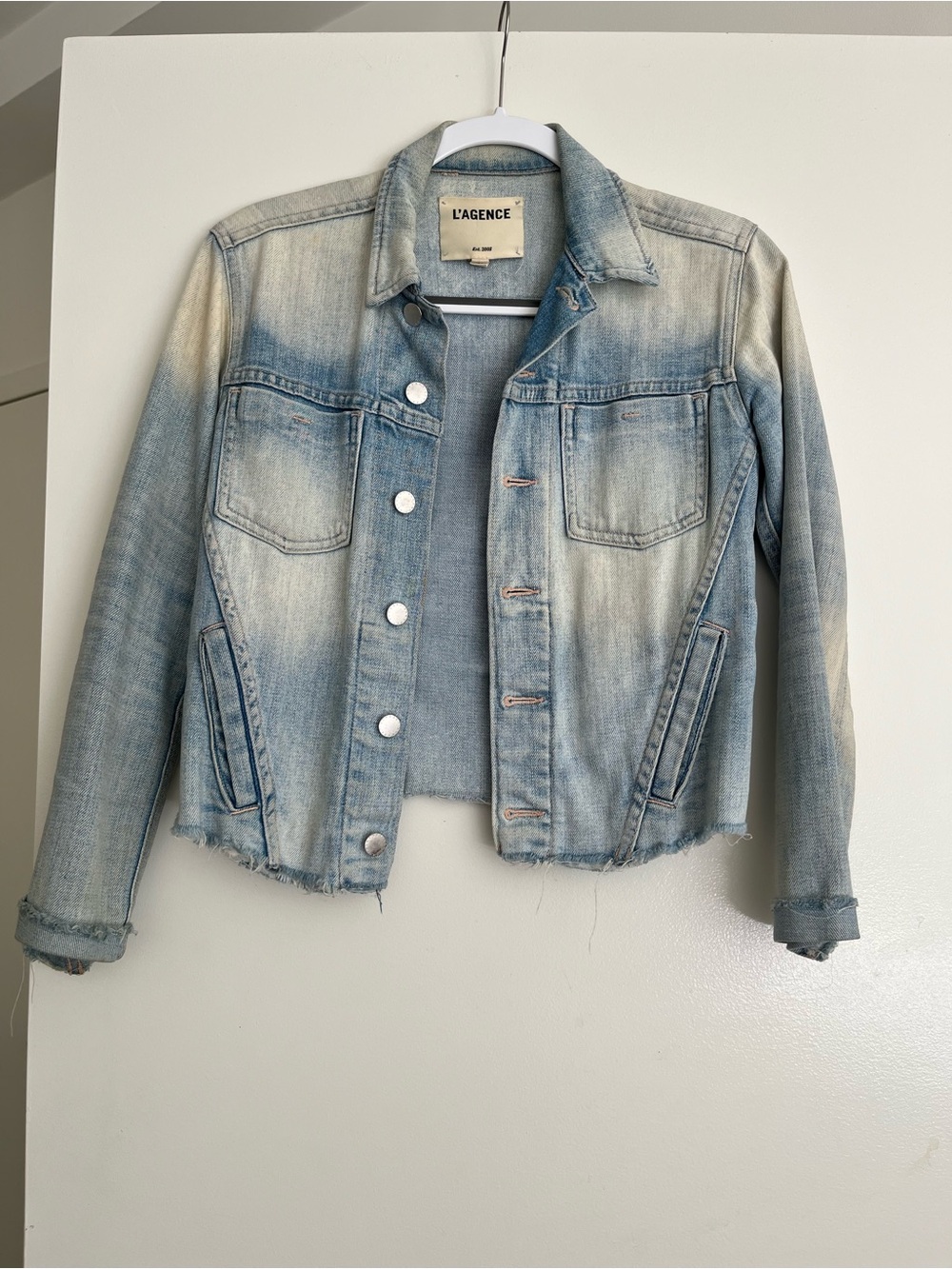 L'AGENCE Faded Light Blue Cropped Denim Jacket